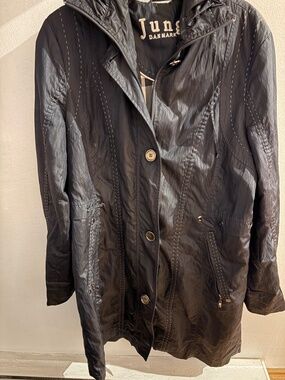 Junge Denmark Hooded Raincoat Parka Jacket Black Size CAN 6 US 8 Plaid Lining